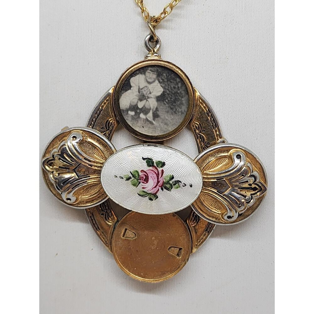 Antique Guilloche Enamel Rose 2 Photo Locket rotating Pendant early 1900s rare